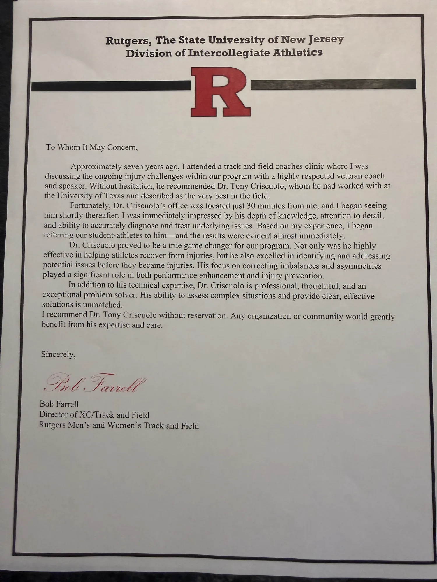 Letter of recommendation for Dr. Criscuolo from Bob Farrell, Director of Cross Country and Track and Field, Rutgers University